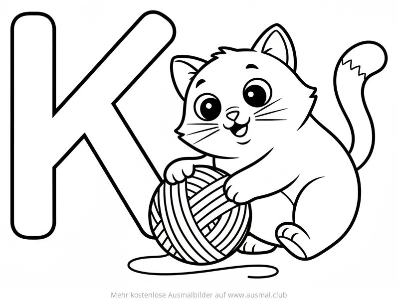Katze mit Wollknäuel und Buchstabe K Ausmalbild