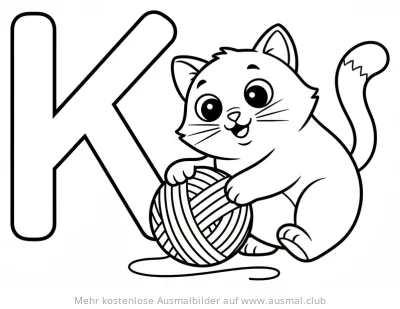 Katze mit Wollknäuel und Buchstabe K Ausmalbild