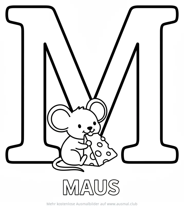 Maus isst Käse vor dem Buchstaben M Ausmalbild