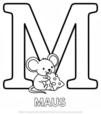 Maus isst Käse vor dem Buchstaben M Ausmalbild