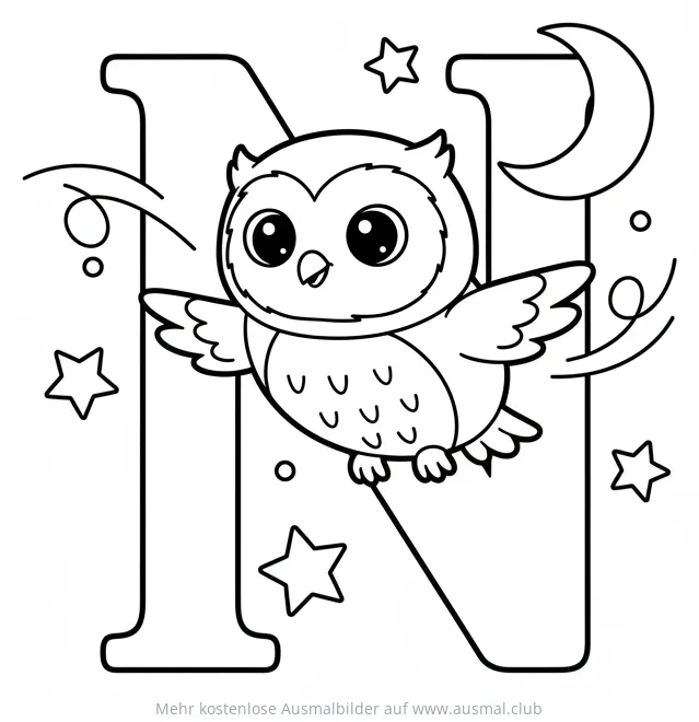 Nachtfalter fliegt um den Buchstaben N Ausmalbild