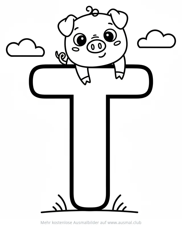 Schwein auf dem Buchstaben T Ausmalbild