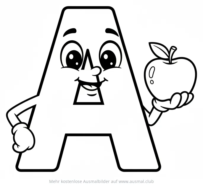 Buchstabe A mit Gesicht hält Apfel Ausmalbild