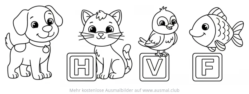 Hund, Katze, Vogel und Fisch Ausmalbild mit ABC-Buchstaben