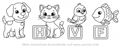 Hund, Katze, Vogel und Fisch Ausmalbild mit ABC-Buchstaben