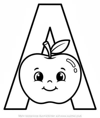 Apfel mit Gesicht im Buchstaben A Ausmalbild