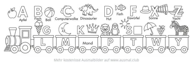 ABC Zug Ausmalbild mit Buchstaben und Bildern