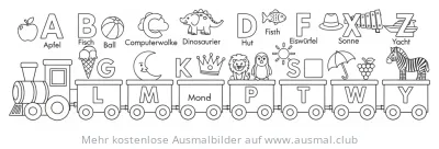 ABC Zug Ausmalbild mit Buchstaben und Bildern