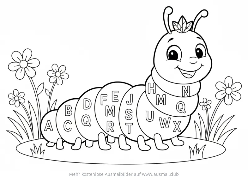 Raupe mit Buchstaben auf dem Körper Ausmalbild