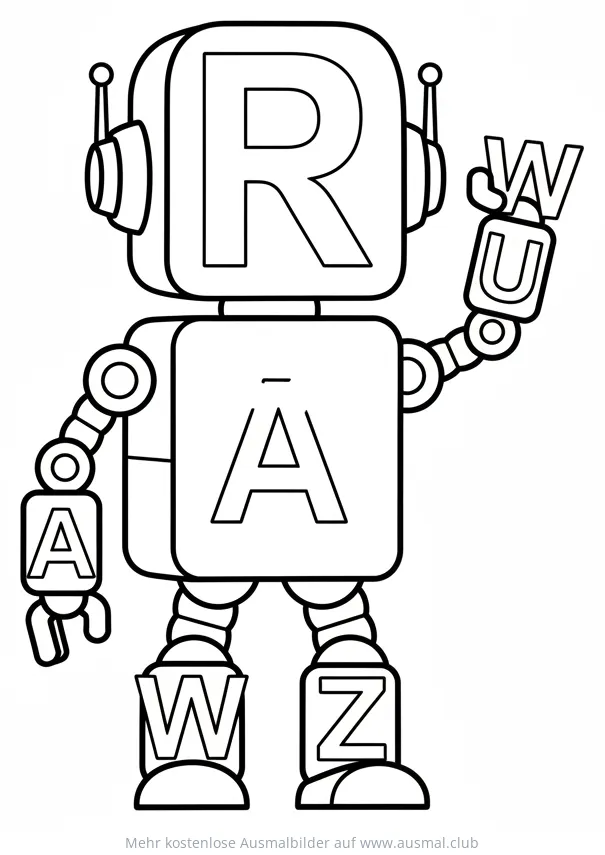Roboter mit Buchstaben-Blöcken als Körper Ausmalbild