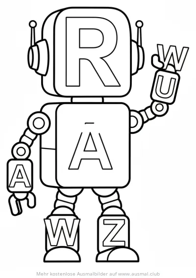 Roboter mit Buchstaben-Blöcken als Körper Ausmalbild
