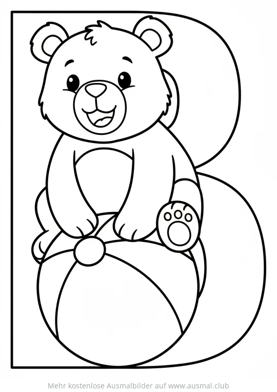 Bär sitzt auf Ball in Form des Buchstaben B Ausmalbild