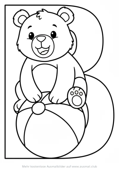 Bär sitzt auf Ball in Form des Buchstaben B Ausmalbild