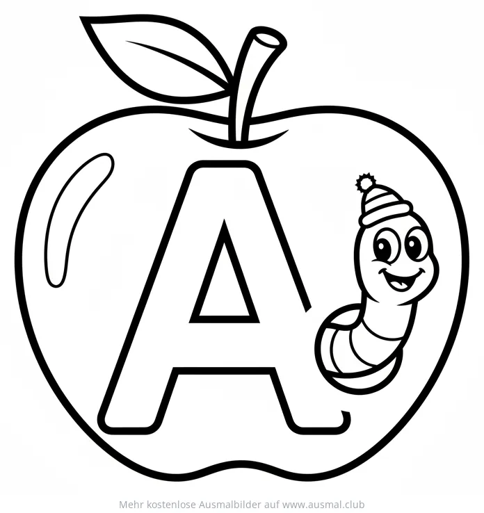 Apfel Ausmalbild mit dem Buchstaben A und einem Wurm