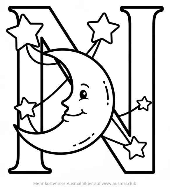 Buchstabe N mit Mond und Sternen Ausmalbild