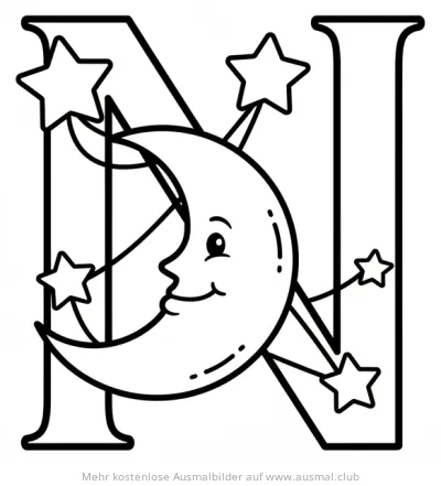 Buchstabe N mit Mond und Sternen Ausmalbild