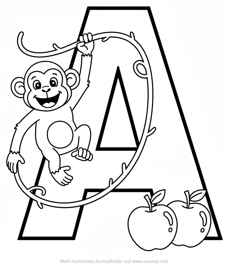 Affe schwingt an Liane vor dem Buchstaben A Ausmalbild