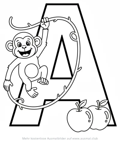 Affe schwingt an Liane vor dem Buchstaben A Ausmalbild