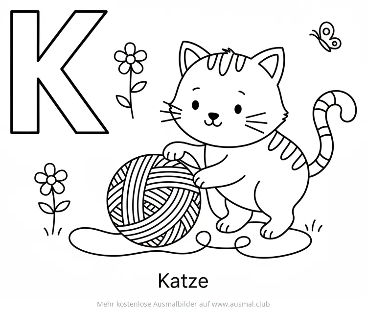 Katze spielt mit Wollknäuel neben dem Buchstaben K Ausmalbild