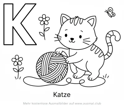 Katze spielt mit Wollknäuel neben dem Buchstaben K Ausmalbild