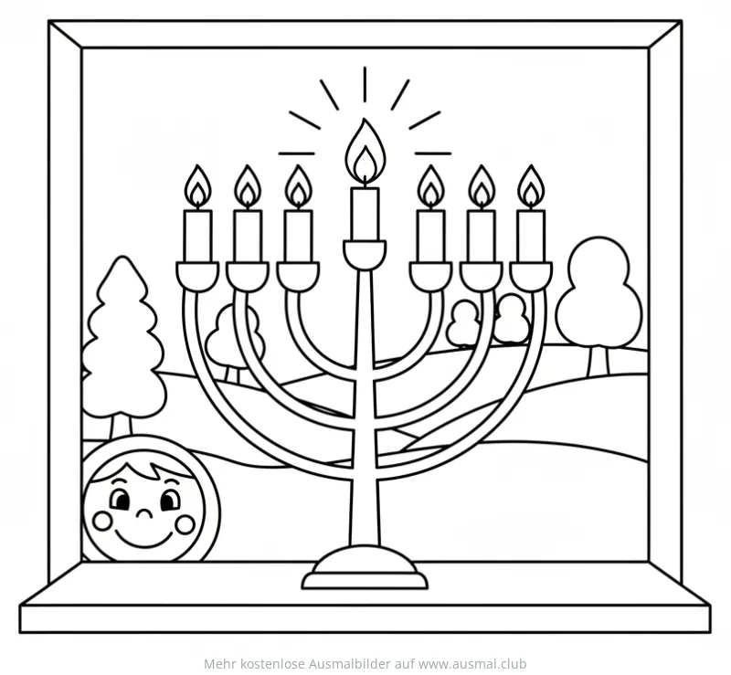Menora mit Kerzen im Fenster Ausmalbild für Chanukka