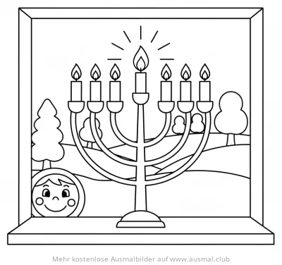 Menora mit Kerzen im Fenster Ausmalbild für Chanukka