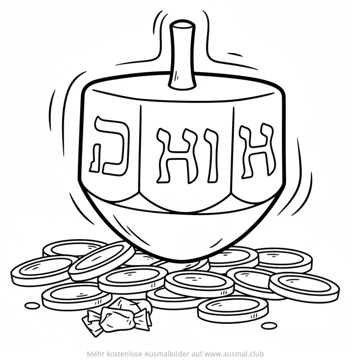 Dreidel Ausmalbild mit Chanukka-Münzen