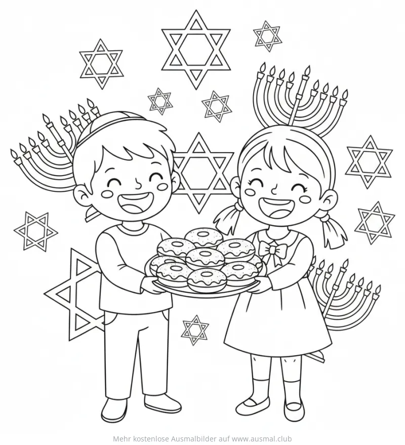Junge und Mädchen mit Sufganiyot Ausmalbild für Chanukka