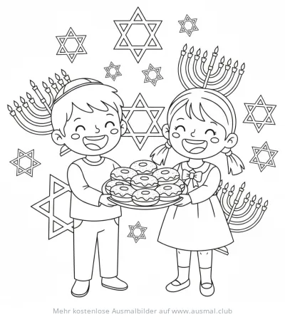 Junge und Mädchen mit Sufganiyot Ausmalbild für Chanukka