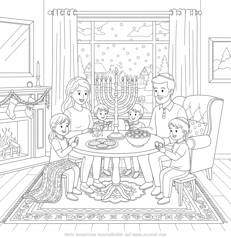 Familie feiert Chanukka mit Menora Ausmalbild