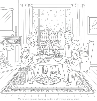 Familie feiert Chanukka mit Menora Ausmalbild