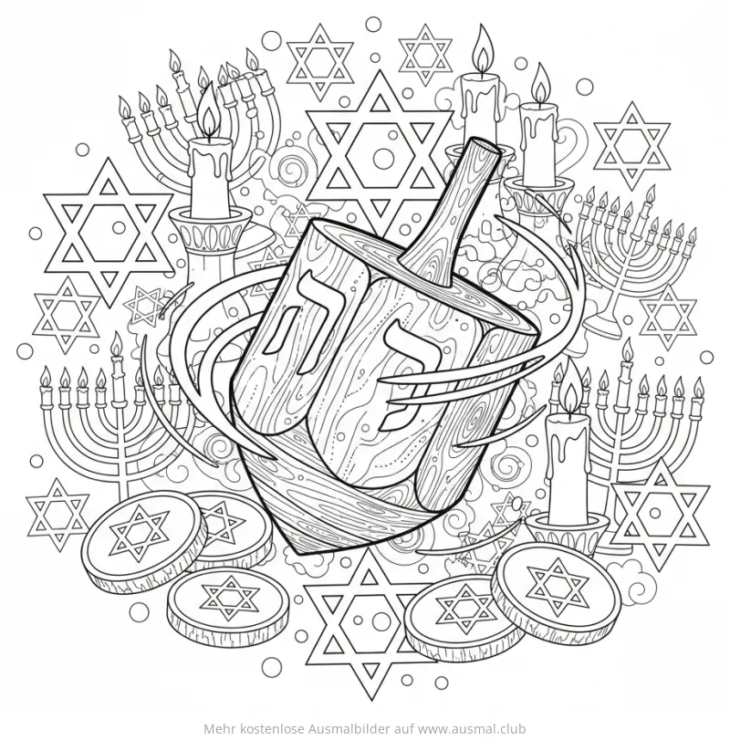 Dreidel Ausmalbild mit Menoras, Davidsternen und Chanukka-Geld