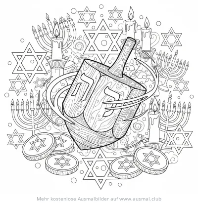 Dreidel Ausmalbild mit Menoras, Davidsternen und Chanukka-Geld