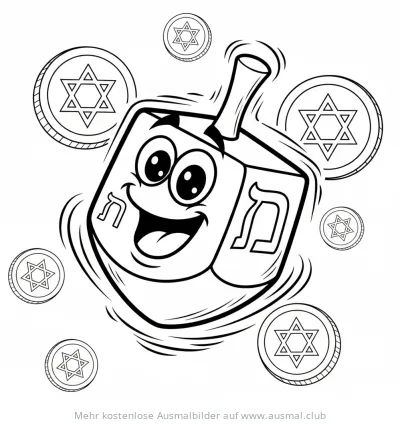 Fröhlicher Dreidel mit Gesicht und Chanukka Münzen Ausmalbild