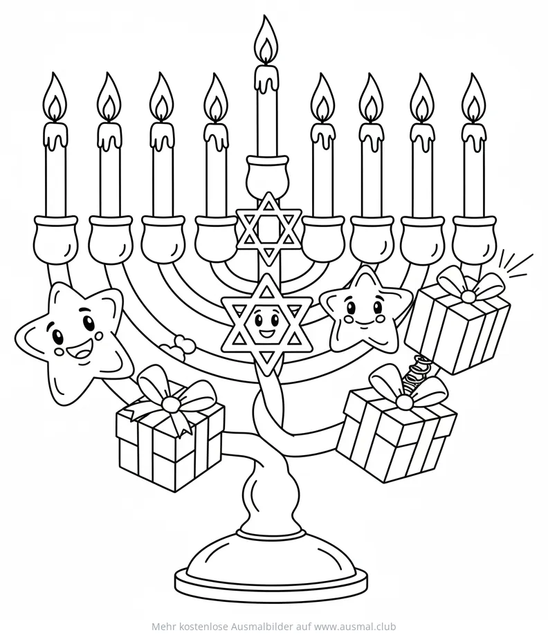 Menora mit Kerzen, Sternen und Geschenken Ausmalbild