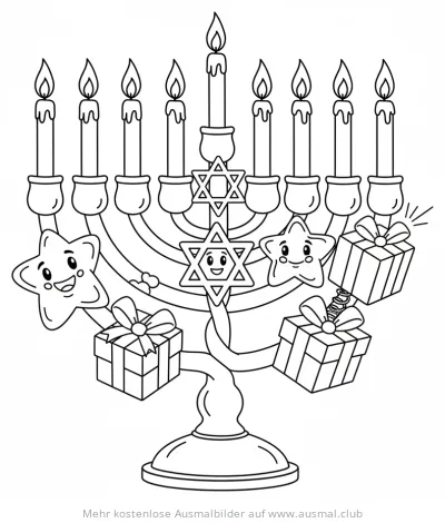 Menora mit Kerzen, Sternen und Geschenken Ausmalbild