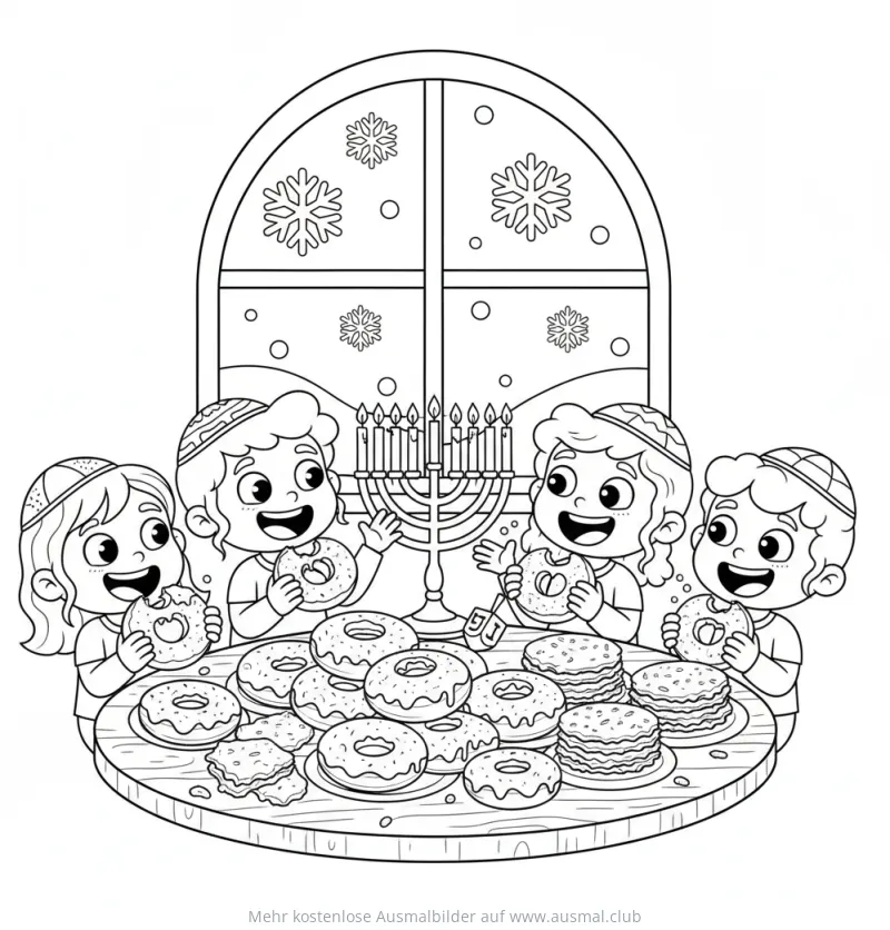 Sufganiyot und Kinder mit Kippas vor Menora Ausmalbild