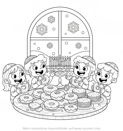 Sufganiyot und Kinder mit Kippas vor Menora Ausmalbild