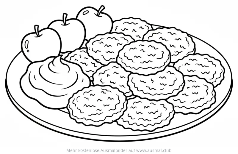 Teller mit Latkes, Äpfeln und Saurer Sahne Ausmalbild