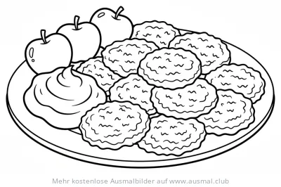 Teller mit Latkes, Äpfeln und Saurer Sahne Ausmalbild