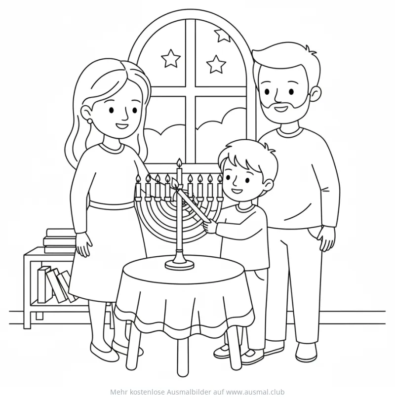 Chanukka Ausmalbild: Familie zündet Menora an
