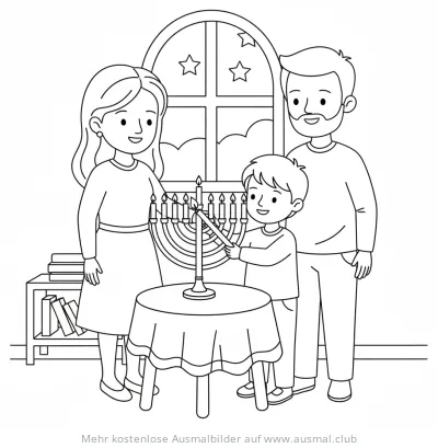 Chanukka Ausmalbild: Familie zündet Menora an