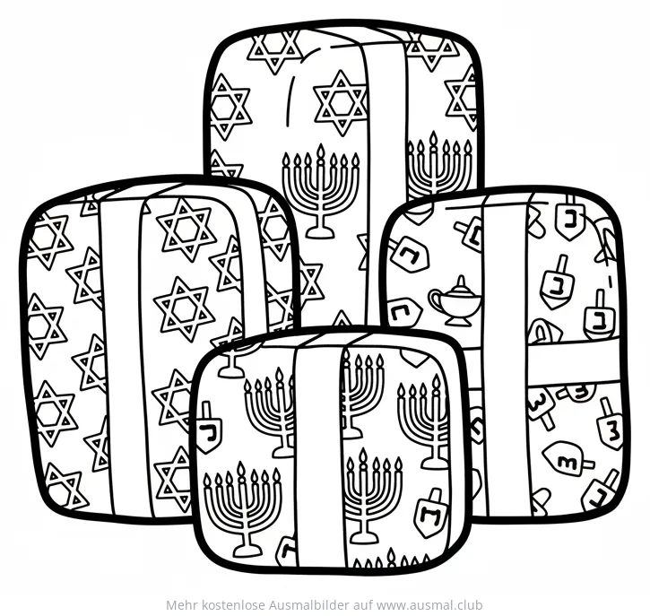 Chanukka Geschenke Ausmalbild mit Menora, Davidstern und Dreidel Motiven