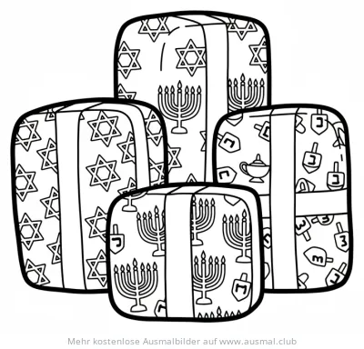 Chanukka Geschenke Ausmalbild mit Menora, Davidstern und Dreidel Motiven