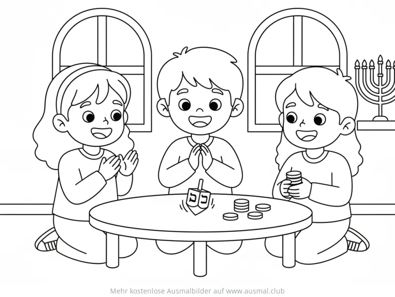 Drei Kinder spielen Dreidel Spiel Ausmalbild