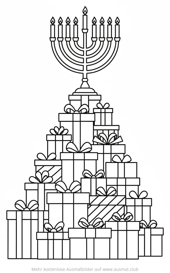 Chanukka Ausmalbild: Geschenkeberg mit Menora