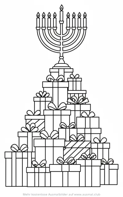 Chanukka Ausmalbild: Geschenkeberg mit Menora