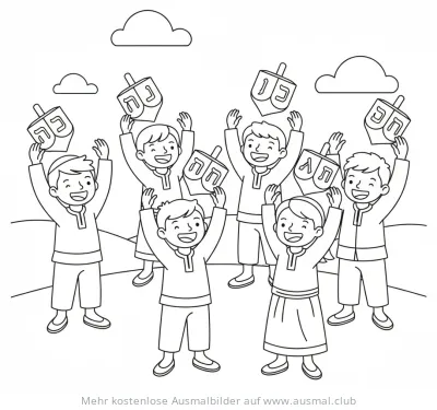 Dreidel spielende Kinder Ausmalbild für Chanukka