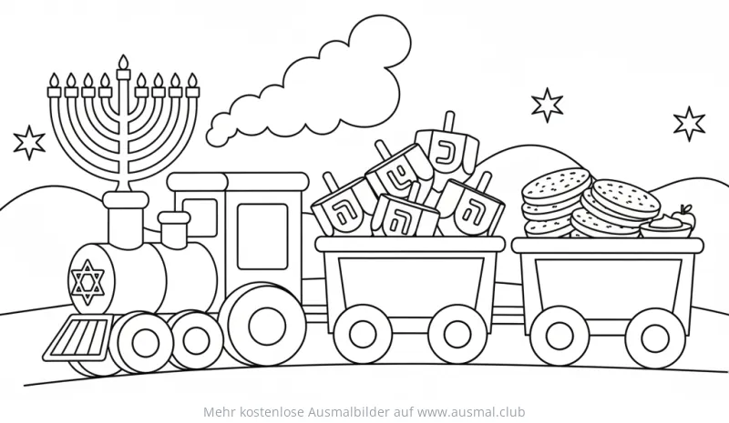 Chanukka Zug mit Chanukkia, Dreidels und Latkes Ausmalbild