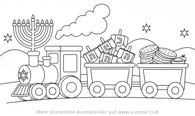 Chanukka Zug mit Chanukkia, Dreidels und Latkes Ausmalbild